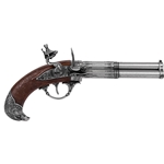 18th Century 3-Barrel Flintlock Pistol - Antique Gray - Wood Grip
