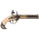 18th Century 3-Barrel Flintlock Pistol – Brass Finish - Mock Ivory Grip