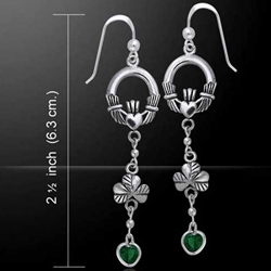Celtic Claddagh Shamrock Emerald Glass Hearts Silver Earrings 52-TER153